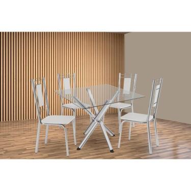 Imagem de Kit 4 Cadeiras Sala Jantar Volga C- Tampo De Vidro 90cm E 4 Cadeiras Florença Cromada - Courano Branco - Kappesberg