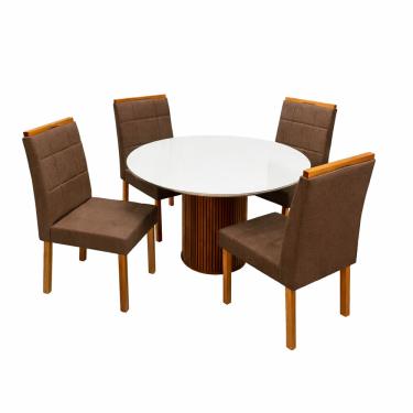 Imagem de Mesa de Jantar Dara 110cm Redonda com Vidro e 4 Cadeiras Giulia em Veludo Estofadas Lj Móveis Cor Cinamomo Off White com Tecido Marrom