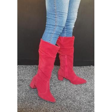 Imagem de Botas Femininas Bico Fino Salto Bloco Couro Camurça Lirom, Vermelho, 3