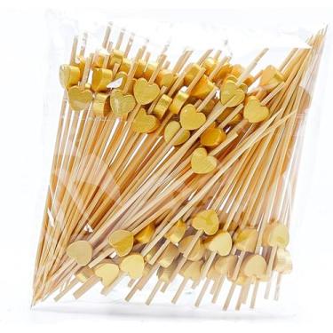Imagem de 100 Palitos para Coquetel de Bambu 12 cm Corações Dourados - Marca Pró