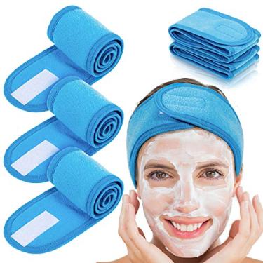 Imagem de Faixa de cabeça facial spa baleia 4 contagens cabeça envoltório tecido felpudo faixa de cabeça elástica toalha para banho, maquiagem e esporte, 3,5" de largura, Azul