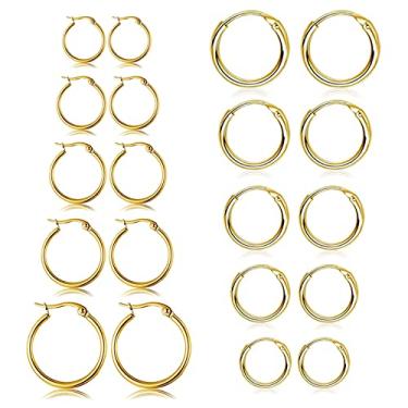 Imagem de Conjunto de 5 a 10 pares de brincos de argola pequenos dourados prateados para mulheres, conjunto de brincos de aço inoxidável masculino, leve, fino, hipoalergênico, conjunto de argolas pequenas, 8mm