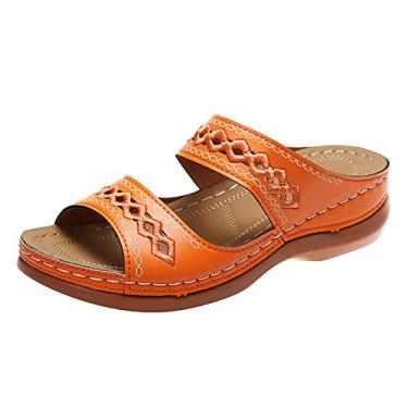 Imagem de Sandálias femininas verão cor sólida slip on casual bico aberto anabela sola macia respirável chinelos sapatos sandálias (laranja, 9)