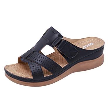 Imagem de Sandálias para mulheres senhoras verão novo verão clássico couro costurado anabela sandálias femininas moda sandálias femininas (preto, 6,5)