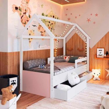 Imagem de Cama Infantil Casinha Com Colchão Solteiro 2 Gavetas Branco Rosa Sonho Completa Móveis