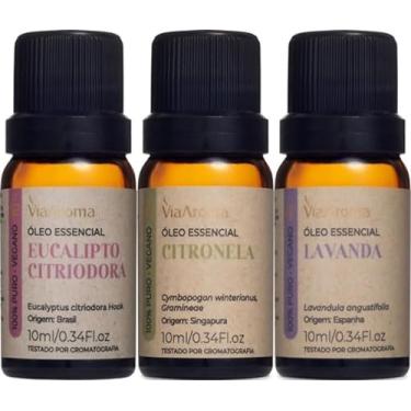 Imagem de Kit 3 Óleos Essenciais Via Aroma 100% Puros Clássicos Naturais Para Difusor, Massagem e Aromaterapia Escolha o seu (Lavanda+Citronela+Eucalipto Citriodora)
