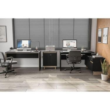 Imagem de Escritório Completo 3 Peças 1 Mesa em L 1 Mesa Reta 135cm 1 Balcão 2 Portas Los Angeles Politorno Preto/Carvalho Claro