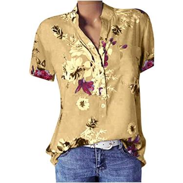 Imagem de Camiseta feminina verão manga curta botão gola V túnica blusa solta estampada camiseta gráfica com bolso Camiseta havaiano Pescoço Casual 2023 baixa curto Top flor floral K64-Amarelo 5X-Large
