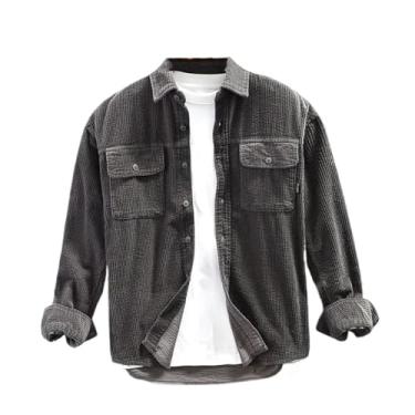 Imagem de Camisas cargo de veludo cotelê retrô outono para homens roupas de algodão bolsos design casual streetwear, Cinza, P
