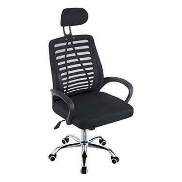 Imagem de Cadeira de escritório ergonômica de malha, cadeira de mesa inclinada para trás com suporte lombar e encosto de cabeça, confortável cadeira de escritório em casa com encosto alto, preta