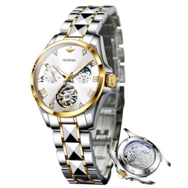 Imagem de OUPINKE Relógio feminino automático, luxuoso, esqueleto, diamante, corda automática, mecânica, elegante, relógio de pulso feminino, cristal de safira, à prova d'água, luminoso, Dourado, branco,