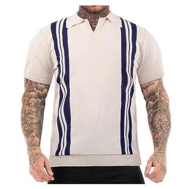 Imagem de Camisa polo masculina jacquard de manga curta listrada cor sólida lapela negócios goout, Bege, G