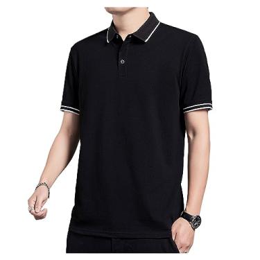 Imagem de Camisa polo masculina de seda gelo de lapela sólida com botão para treino camiseta atlética secagem rápida curta, Preto, XXG