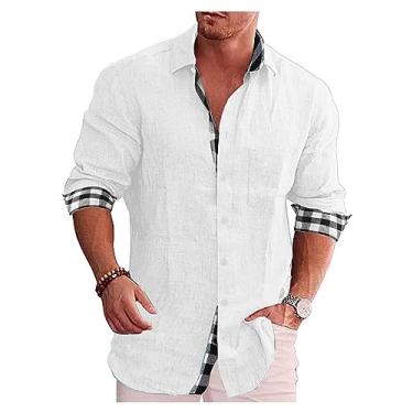 Imagem de Camisa masculina de manga comprida casual de lapela xadrez algodão linho camisa de praia camisa de botão, Branco, M