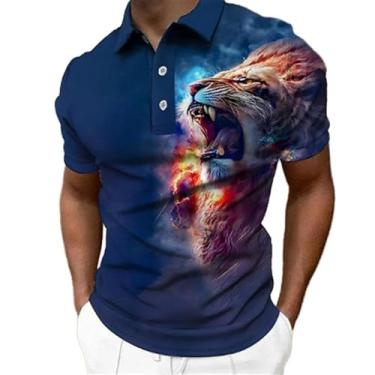 Imagem de Camisa polo masculina de manga curta com estampa de leão animal e design elegante de botão, Zphq659810, XXG