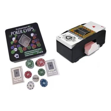 Imagem de Kit Fichas Poker 100 Pçs Dois Baralhos + Embaralhador Cartas