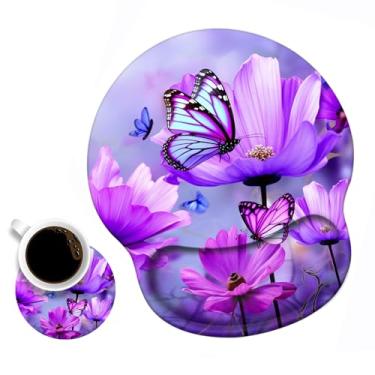 Imagem de LACOMA Mouse pad ergonômico suporte de pulso e porta-copos de café, lindo descanso de pulso com base de poliuretano antiderrapante para trabalhar em casa, escritório, estudar, digitação fácil e alívio da dor, flores roxas e borboletas
