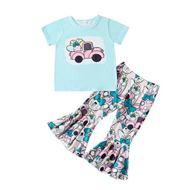 Imagem de Roupas de Páscoa para meninas, camiseta de coelhinho + calça flare conjunto de calças de sino para bebês (azul, 3-4 anos)