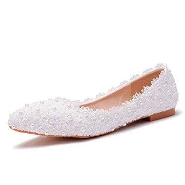 Imagem de Sapatilhas femininas confortáveis feitas à mão com renda branca e bico fechado, sapatos de noiva e casamento, Branco, 35