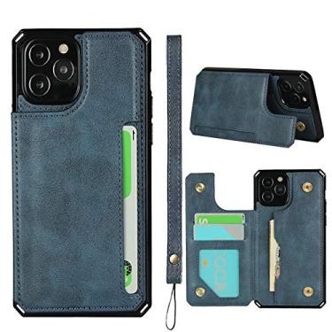 Imagem de ShunJieTech Capa para iPhone 12 Pro Max, capa de couro com suporte para cartões com fecho de botões e compartimento de alça para iPhone 12 Pro Max (6,7 polegadas) - azul marinho