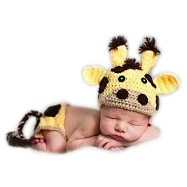 Imagem de Acessórios para fotos de bebês recém-nascidos, roupas para meninos, crochê, gorro de vaca, shorts, adereços para fotos, Amarelo, 0-3 Meses