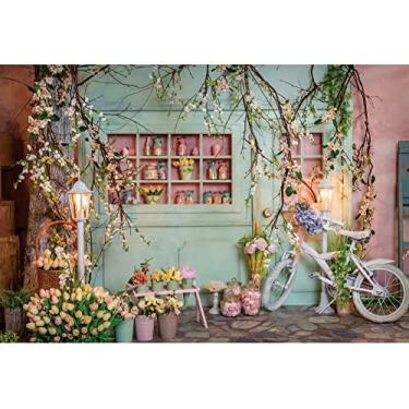Imagem de DORCEV Pano de fundo de florista de 4,6 x 3 m para fotografia, bicicleta, ramos de flores de tulipa verde, fundo de florista, chá de bebê, casamento, festa de aniversário, retratos de crianças e