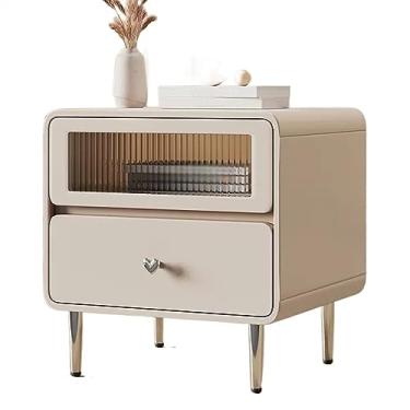 Imagem de Mesa de cabeceira de madeira de vidro laqueado mesa de cabeceira moderna minimalista mesa de cabeceira armário de vidro amor cor sólida moldura de cabeceira para móveis de cabeceira (bege, M)