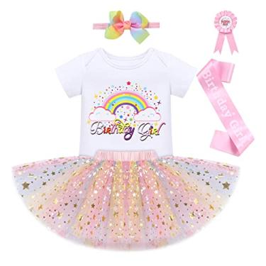 Imagem de IBTOM CASTLE Conjunto de saia para bebês meninas unicórnio 1º 2º aniversário Tutu Rainbow Cake Smash Skirt Macacão Princesa Tiara Sessão de Fotos, Lantejoulas arco-íris - rosa, 2T