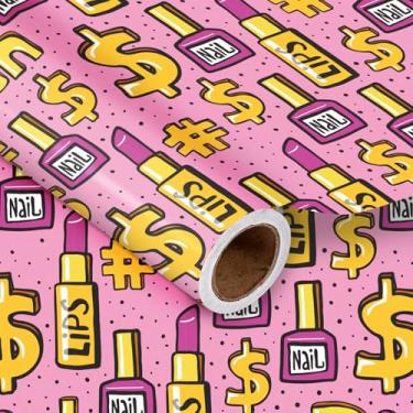Imagem de LeZakaa Rolo de papel de embrulho engraçado - Mini rolo - frasco de esmalte, batom, cifrão e texto "rico" - embrulho de presente de festa para férias, aniversário para meninas mulheres - 43 x 16,4 pés
