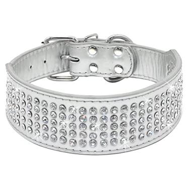 Imagem de Berry Pet Colares para cães com strass - 5 cm de largura com 5 fileiras de couro PU cravejado de diamantes de cristal brilhante - 5 cm de largura - lindo visual de animal de estimação brilhante para cães de médio e grande, prata branca de 38 a 45 cm
