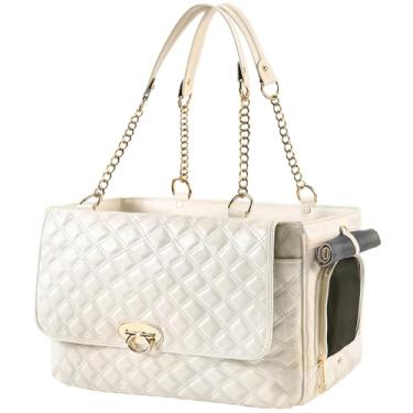 Imagem de NewEle Fashion Dog Purse Carrier for Small Dogs with 2 Super-Large Pockets, Holds Up to 10lbs PU Leather Pet Carrier, Cat Carrier, Airline Approved Puppy Purse Carrier for Travel (White, Small Size)
