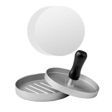 Imagem de GWOZI Prensa de hambúrguer com 100 papéis de hambúrguer - Prensa de hambúrguer para grelha, antiaderente - Esmagador de hambúrguer com cabo de madeira para cozinha - Prensa de hambúrguer de alumínio