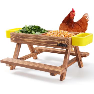 Imagem de Boulphia Comedouros e bebedouros de frango, kit de alimentador de galinhas sem desperdício com mesa de piquenique de frango e 2 alimentadores de água de frango, suprimentos e acessórios de madeira feitos à mão para galinheiro