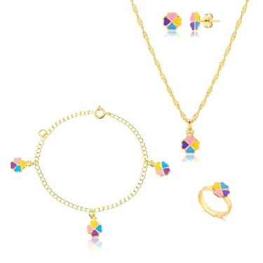 Imagem de Kit Conjunto Infantil Dourado Trevo em Resina com Colar, Pingente, Brinco, Pulseira e Anel Regulável