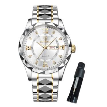 Imagem de BINBOND Relógio de pulso masculino diamante grande aço inoxidável luxo vestido de negócios data dia relógio de pulso à prova d'água luminoso, Dourado, branco, relógios masculinos