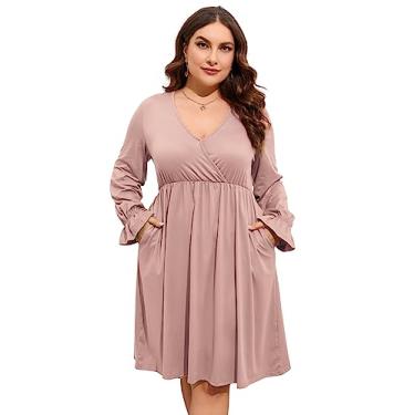 Imagem de ShopWonder Vestido plus size feminino, gola V, evasê, comprimento até o joelho, vestido rodado, plus size, minivestido de festa, Damasco, 3G