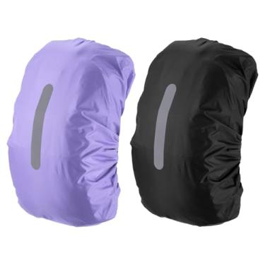 Imagem de PATIKIL Capa de chuva impermeável 55-65L, 2 peças, capa de mochila antiderrapante com alça refletiva vertical, permanece seca para caminhadas, acampamento, caça, G, preto/roxo
