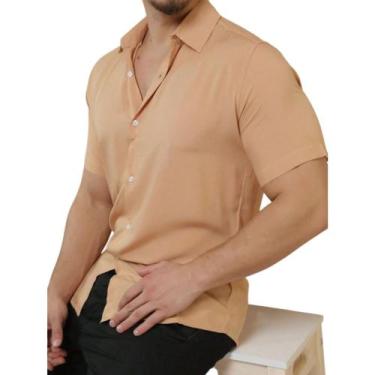 Imagem de Camisa Social Lisa Basica Masculina Verão Praia - Volgue, Bege, GG