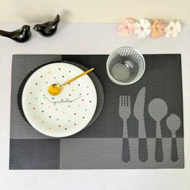 Imagem de Kit 6 Lugar Jogo Americano Retangular Mesa Posta Jantar Cozinha Sousplat Descanso De Prato Decorativo(Colherzinha Preto)