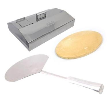 Imagem de Kit Pizza Churrasqueira Pedra Refratária, Pá E Abafador 56 - INOX LAUR