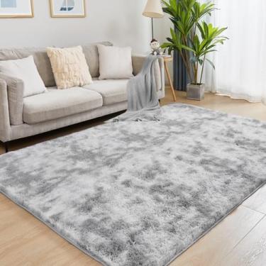 Imagem de Tapete felpudo tie-dye cinza-claro Puremy, 152 x 213 cm, ultramacio, antiderrapante, decoração para ambiente interno, quarto, quarto de bebê, sala de estar e de jogos, cabeceira, corredor