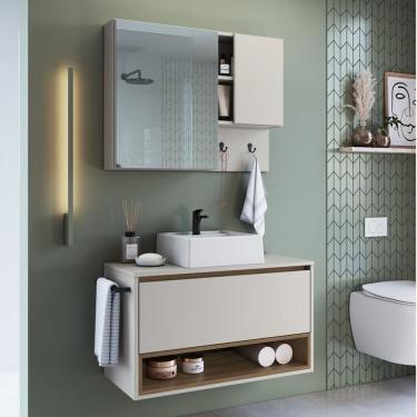 Imagem de Conjunto Para Banheiro Gabinete Suspenso 80cm Com Toalheiro Cuba E Espelheira Cj8060.10 Mel Arenas