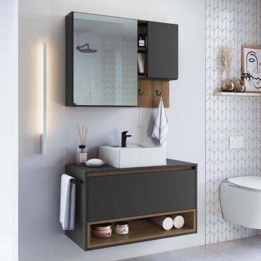 Imagem de Conjunto Para Banheiro Gabinete Suspenso 80cm Com Toalheiro Cuba E Espelheira Cj8060.10 Mel Grafite