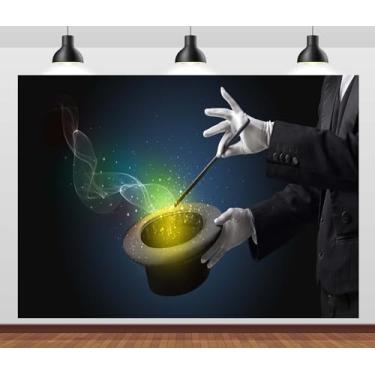 Imagem de Loccor Pano de fundo mágico de tecido de 1,5 x 0,9 m, mão de mágico, com varinha mágica e fundo de chapéu para crianças, adultos, decorações de festa de aniversário, adereços de estúdio fotográfico