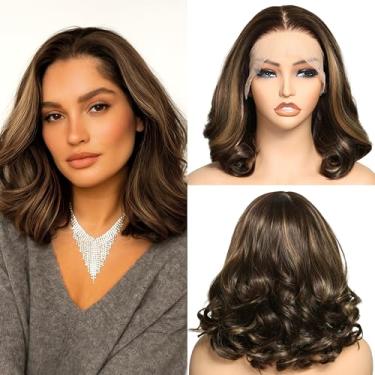 Imagem de SOKU Peruca 13X6 Lace Front Wavy, Perucas Curtas E Elásticas Para Mulheres Negras, 12" Com Mechas Castanhas, Cachos Pré-Depilados, Sem Cola, 6X13 Hd Frontal, Densidade 180%