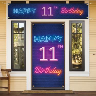 Imagem de Neon Happy 11th Birthday Capa de porta faixa de varanda e grande conjunto de placa de quintal decoração colorida - Tema neon brilhante decorações de festa de aniversário de 11 anos para meninos