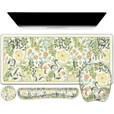 Imagem de NXZGO Mouse Pad Grande 4 Em 1, Conjunto De Apoio Para Pulso E Teclado, Almofada Ergonômica Com Suporte, Tapete Mesa Bordas Costuradas, À Prova D'Água Jogos Escritório Casa, Flores Verdes Plantas