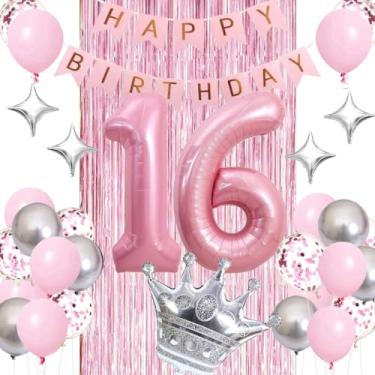 Imagem de PASOCON Decorações Para Aniversário De 16 Anos, Balões Rosa, Prateados Número 16, Cortina Franjas, Coroa, Estrela, Festa Princesa Meninas