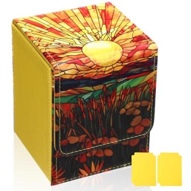 Imagem de Wonderjune Leather Card Deck Case Compatible with MTG Cards Holds 120+ Trading Cards Strong Magnet Storage Card Box with 2 Dividers Compatible with TCG CCG(Orange,Vertical Sun)