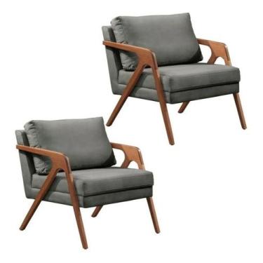 Imagem de Kit 2 Poltronas Decorativa Mona  Madeira Maciça-linho Cinza - Da'tela 